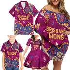 Personalized Brisbane Lions Family Matching Off Shoulder Short Dress and Hawaiian Shirt Aboriginal Pattern with Graffiti Style