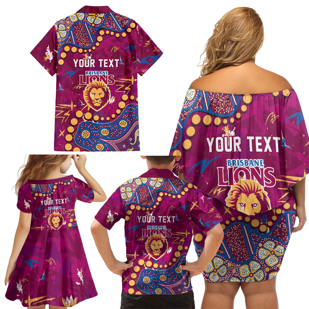 Personalized Brisbane Lions Family Matching Off Shoulder Short Dress and Hawaiian Shirt Aboriginal Pattern with Graffiti Style