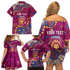 Personalized Brisbane Lions Family Matching Off Shoulder Short Dress and Hawaiian Shirt Aboriginal Pattern with Graffiti Style