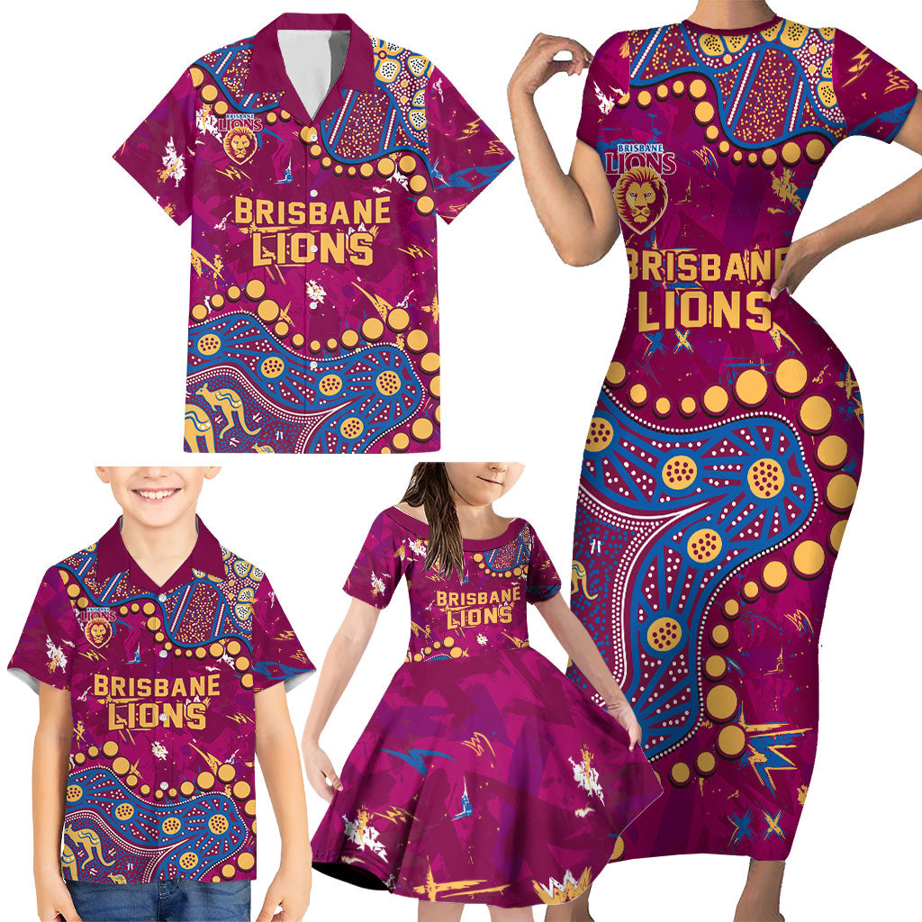 Personalized Brisbane Lions Family Matching Short Sleeve Bodycon Dress and Hawaiian Shirt Aboriginal Pattern with Graffiti Style