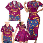 Personalized Brisbane Lions Family Matching Short Sleeve Bodycon Dress and Hawaiian Shirt Aboriginal Pattern with Graffiti Style