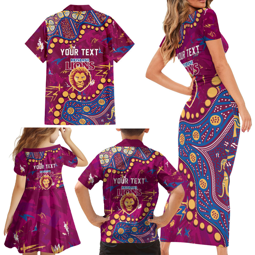 Personalized Brisbane Lions Family Matching Short Sleeve Bodycon Dress and Hawaiian Shirt Aboriginal Pattern with Graffiti Style