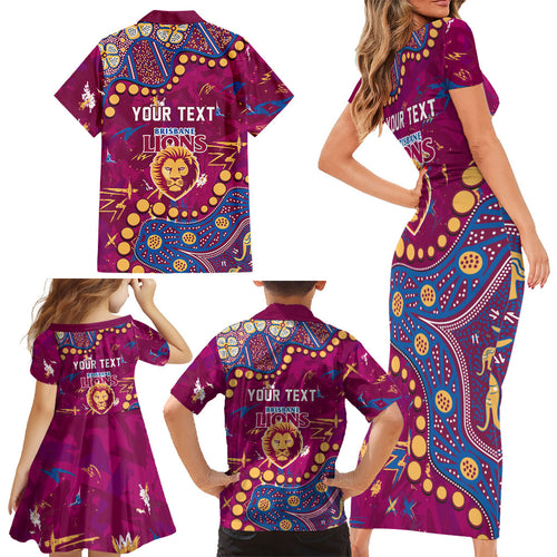 Personalized Brisbane Lions Family Matching Short Sleeve Bodycon Dress and Hawaiian Shirt Aboriginal Pattern with Graffiti Style