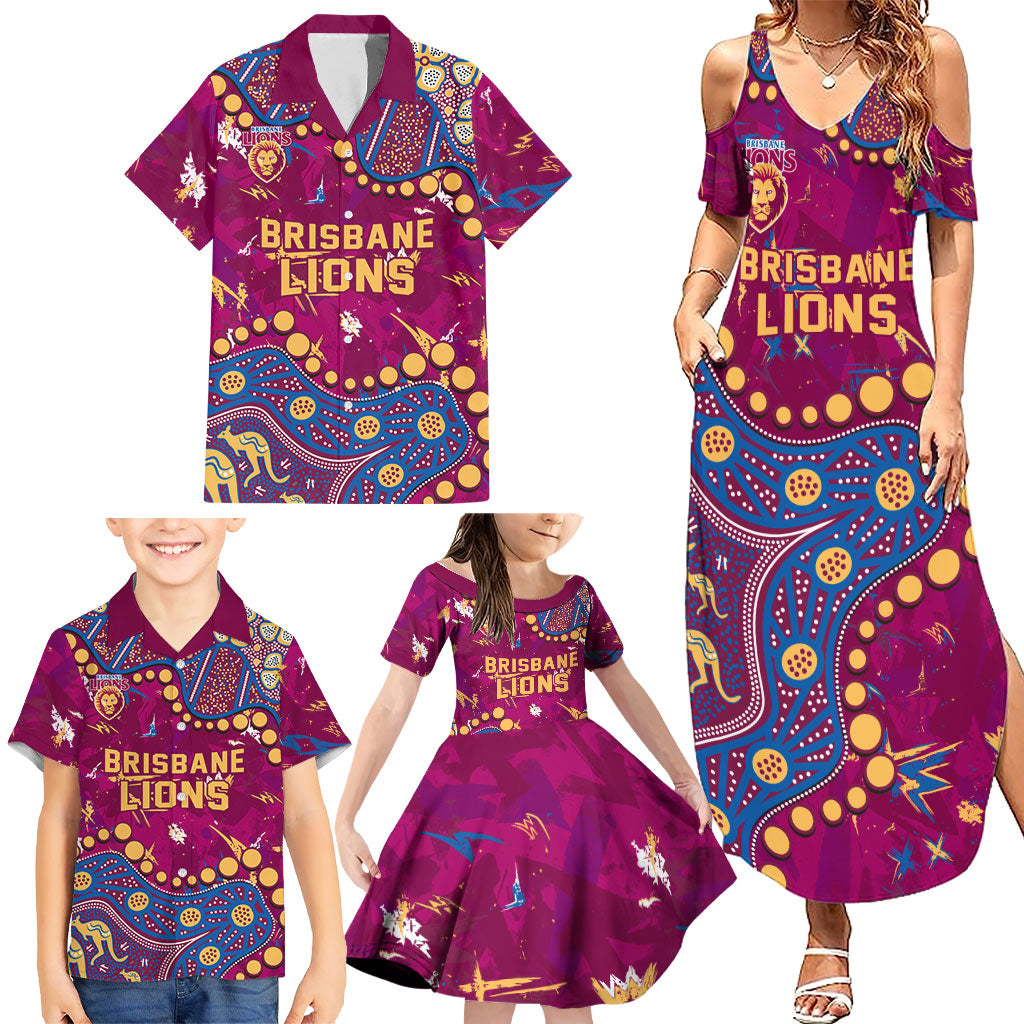 Personalized Brisbane Lions Family Matching Summer Maxi Dress and Hawaiian Shirt Aboriginal Pattern with Graffiti Style