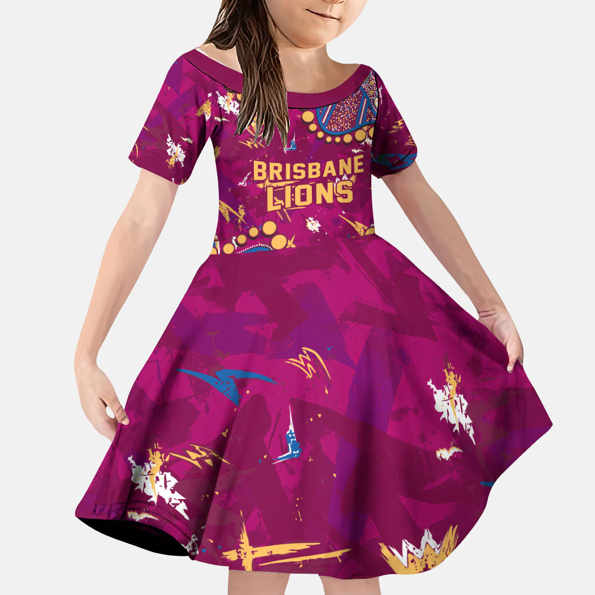 Personalized Brisbane Lions Kid Short Sleeve Dress Aboriginal Pattern with Graffiti Style