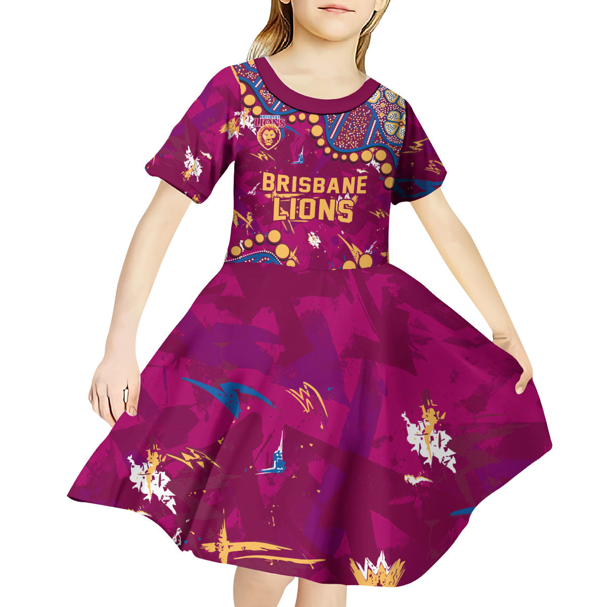 Personalized Brisbane Lions Kid Short Sleeve Dress Aboriginal Pattern with Graffiti Style