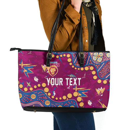 Personalized Brisbane Lions Leather Tote Bag Aboriginal Pattern with Graffiti Style