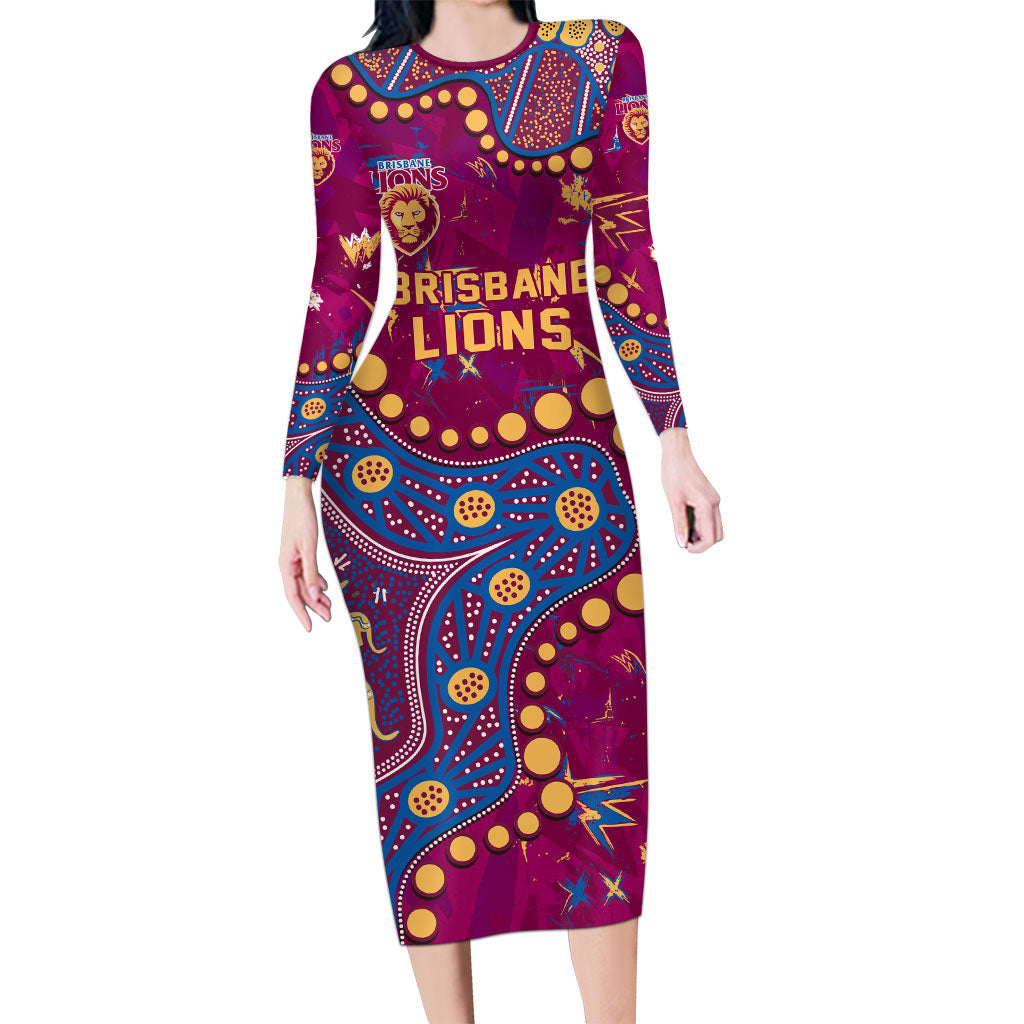 Personalized Brisbane Lions Long Sleeve Bodycon Dress Aboriginal Pattern with Graffiti Style