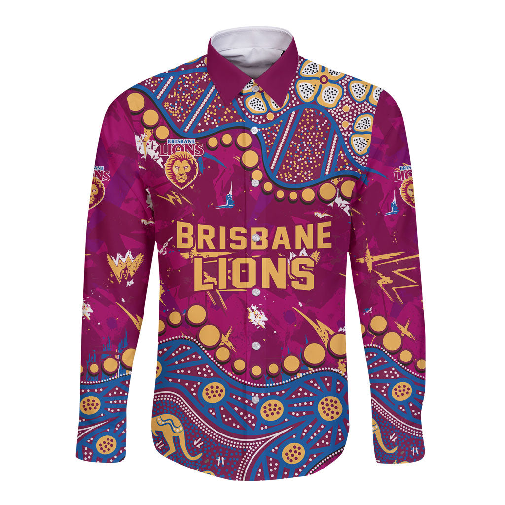 Personalized Brisbane Lions Long Sleeve Button Shirt Aboriginal Pattern with Graffiti Style