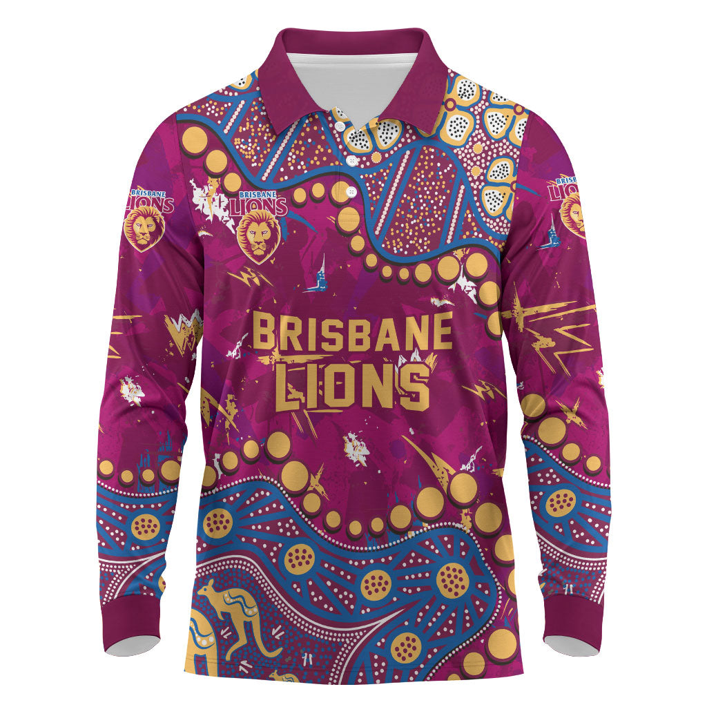 Personalized Brisbane Lions Long Sleeve Polo Shirt Aboriginal Pattern with Graffiti Style