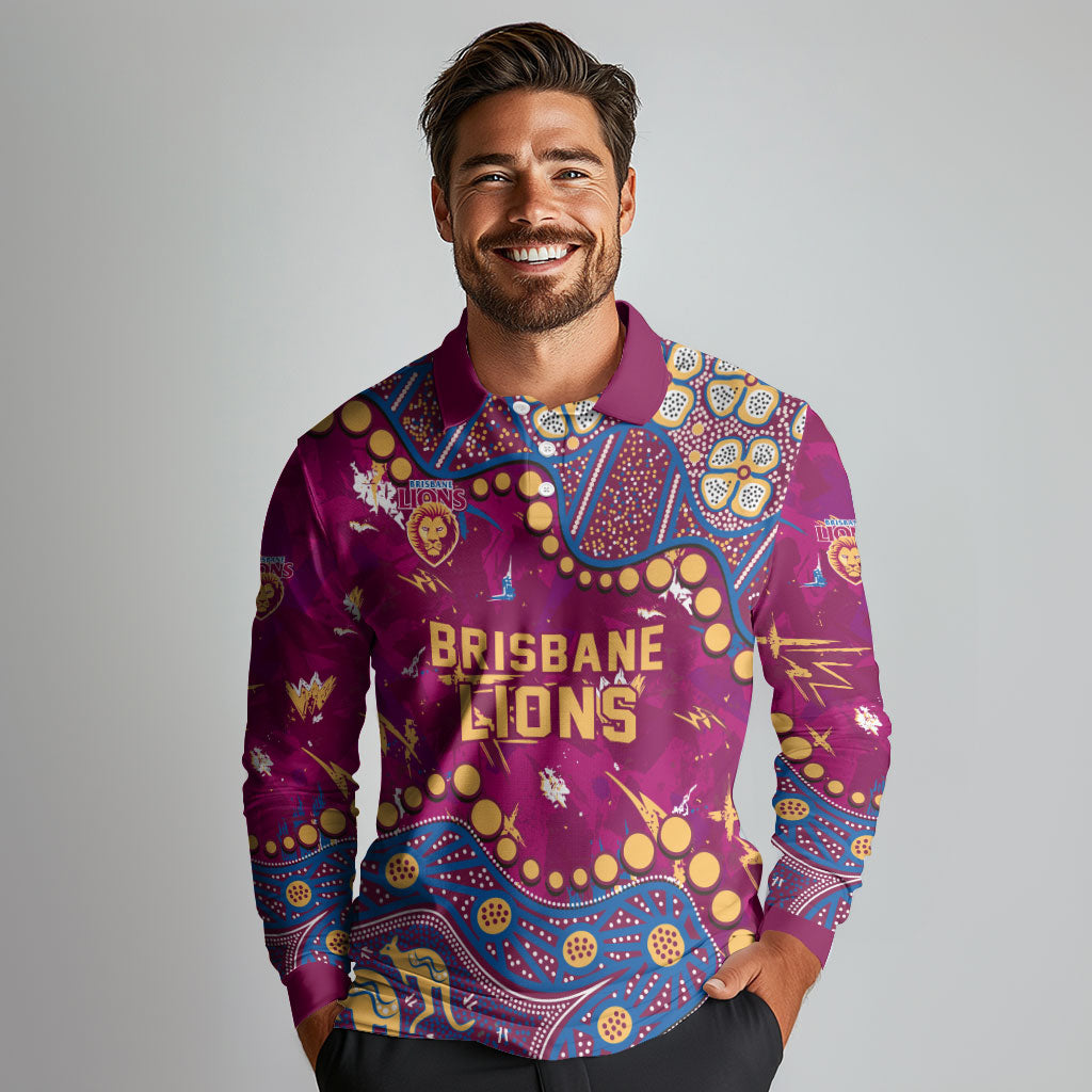 Personalized Brisbane Lions Long Sleeve Polo Shirt Aboriginal Pattern with Graffiti Style
