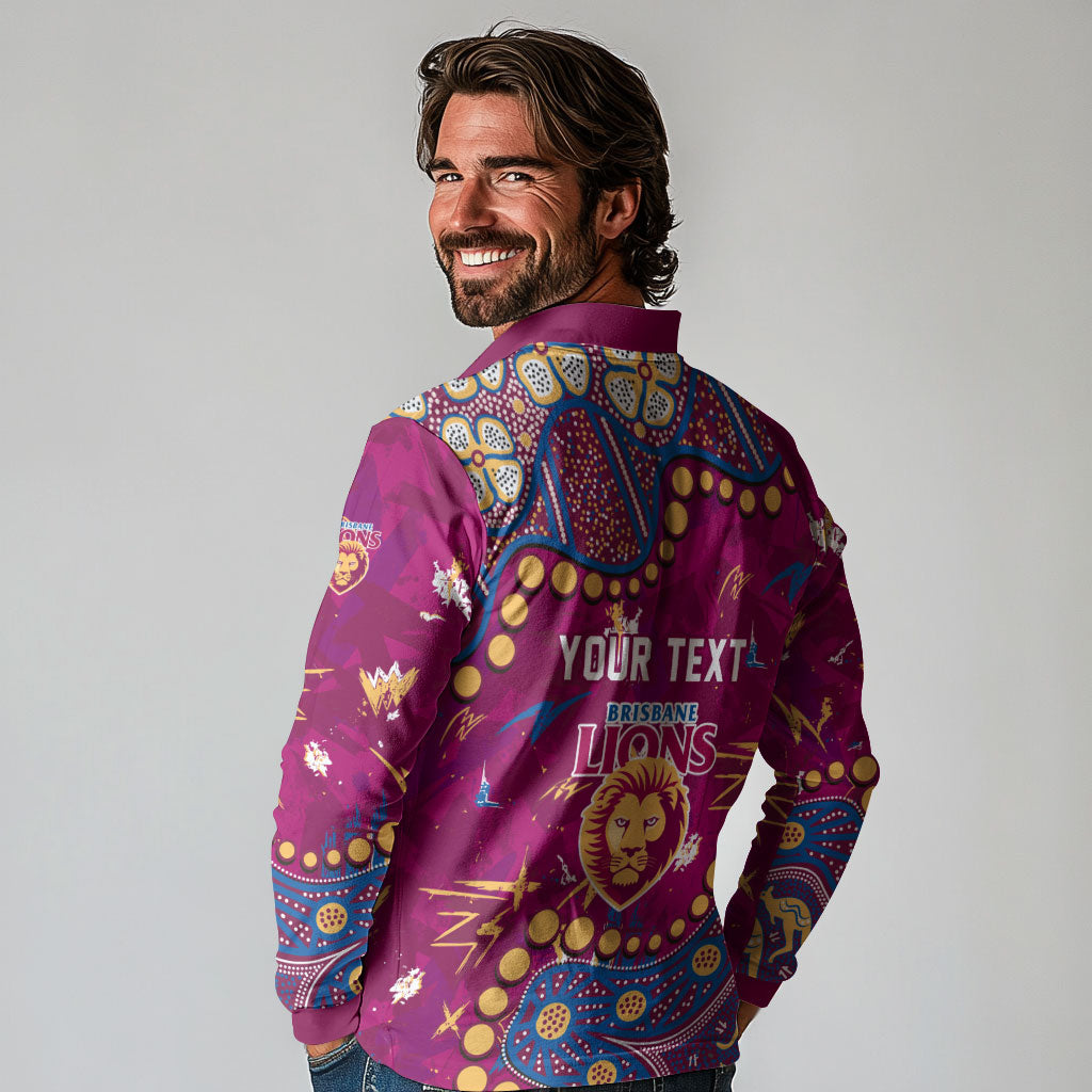 Personalized Brisbane Lions Long Sleeve Polo Shirt Aboriginal Pattern with Graffiti Style