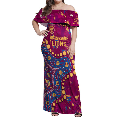 Personalized Brisbane Lions Off Shoulder Maxi Dress Aboriginal Pattern with Graffiti Style