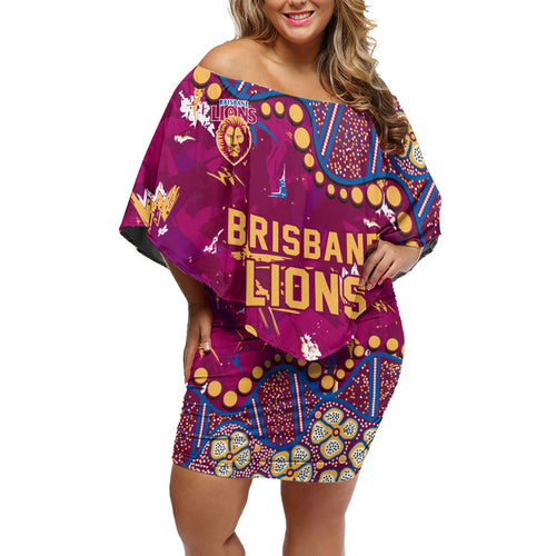 Personalized Brisbane Lions Off Shoulder Short Dress Aboriginal Pattern with Graffiti Style