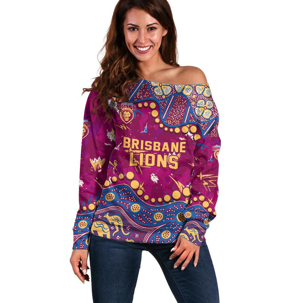 Personalized Brisbane Lions Off Shoulder Sweater Aboriginal Pattern with Graffiti Style