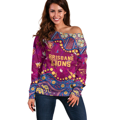 Personalized Brisbane Lions Off Shoulder Sweater Aboriginal Pattern with Graffiti Style