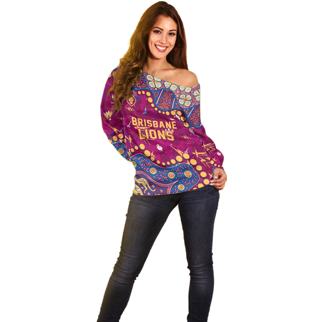 Personalized Brisbane Lions Off Shoulder Sweater Aboriginal Pattern with Graffiti Style
