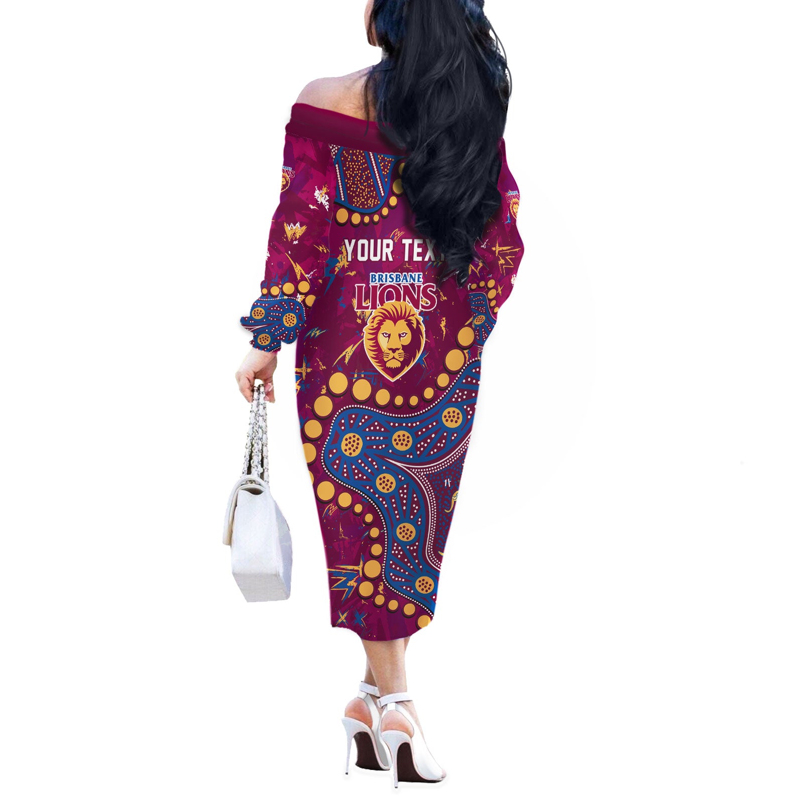 Personalized Brisbane Lions Off The Shoulder Long Sleeve Dress Aboriginal Pattern with Graffiti Style