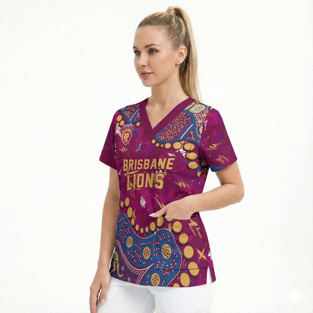 Personalized Brisbane Lions Scrub Top Aboriginal Pattern with Graffiti Style