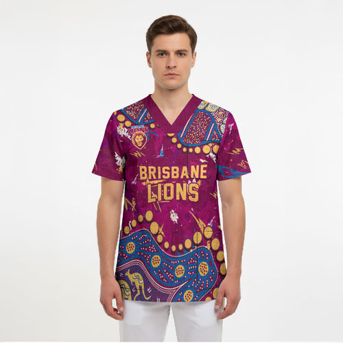 Personalized Brisbane Lions Scrub Top Aboriginal Pattern with Graffiti Style