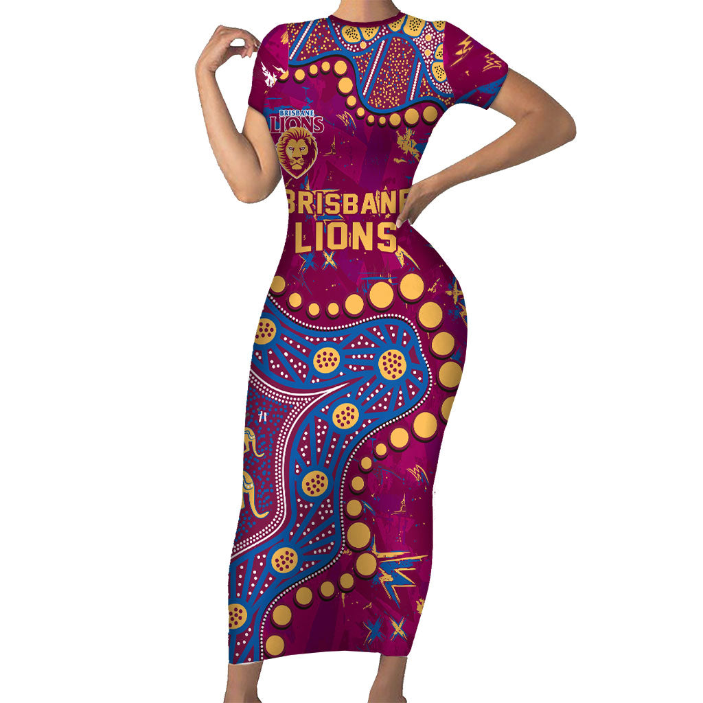 Personalized Brisbane Lions Short Sleeve Bodycon Dress Aboriginal Pattern with Graffiti Style