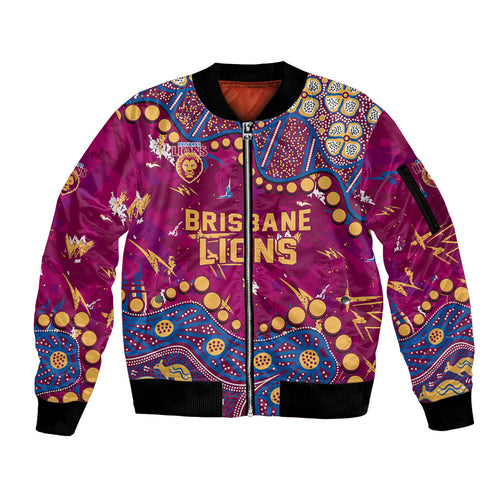 Personalized Brisbane Lions Sleeve Zip Bomber Jacket Aboriginal Pattern with Graffiti Style