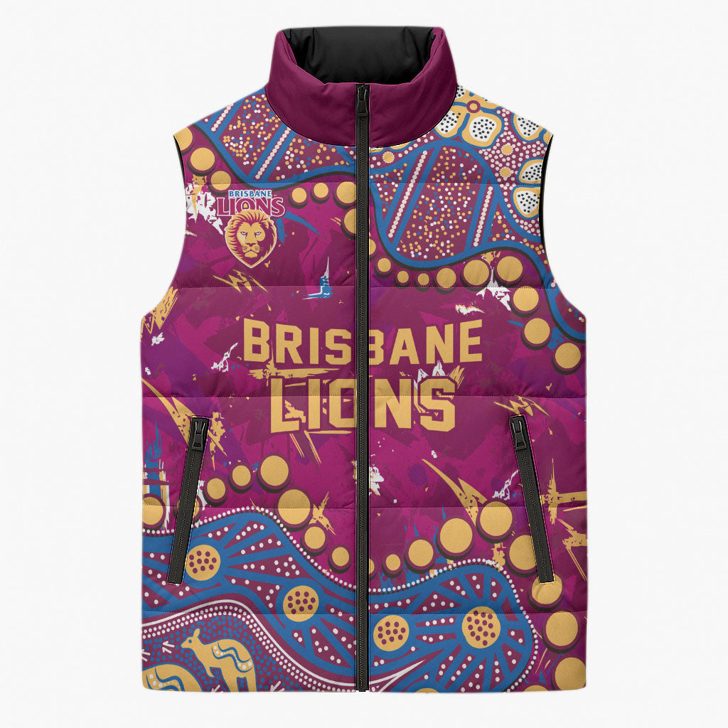 Personalized Brisbane Lions Sleeveless Puffer Jacket Aboriginal Pattern with Graffiti Style