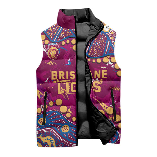 Personalized Brisbane Lions Sleeveless Puffer Jacket Aboriginal Pattern with Graffiti Style