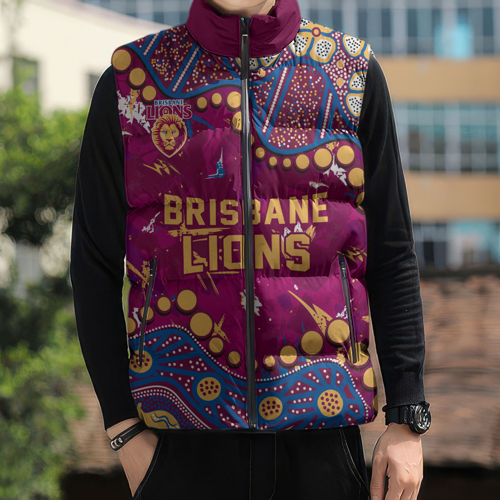 Personalized Brisbane Lions Sleeveless Puffer Jacket Aboriginal Pattern with Graffiti Style