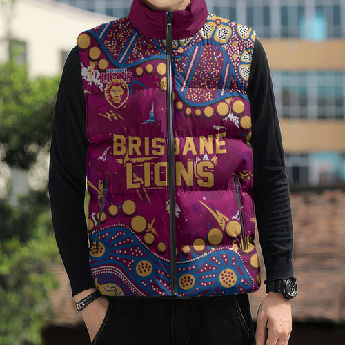 Personalized Brisbane Lions Sleeveless Puffer Jacket Aboriginal Pattern with Graffiti Style