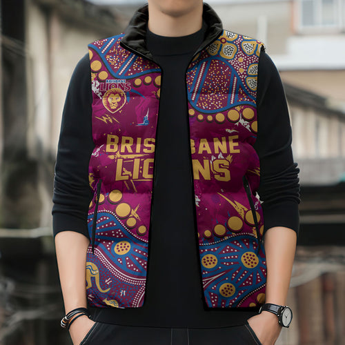 Personalized Brisbane Lions Sleeveless Puffer Jacket Aboriginal Pattern with Graffiti Style