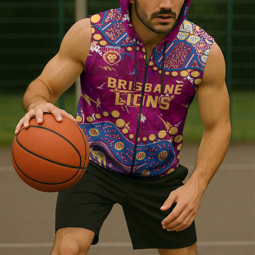 Personalized Brisbane Lions Sleeveless Zip Hoodie Aboriginal Pattern with Graffiti Style