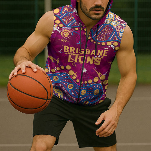 Personalized Brisbane Lions Sleeveless Zip Hoodie Aboriginal Pattern with Graffiti Style