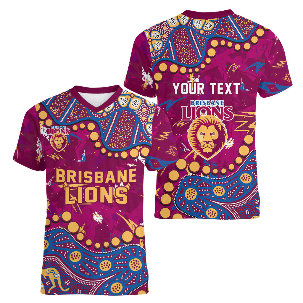 Personalized Brisbane Lions Women V-Neck T-Shirt Aboriginal Pattern with Graffiti Style