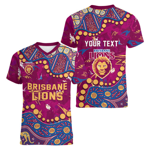 Personalized Brisbane Lions Women V-Neck T-Shirt Aboriginal Pattern with Graffiti Style
