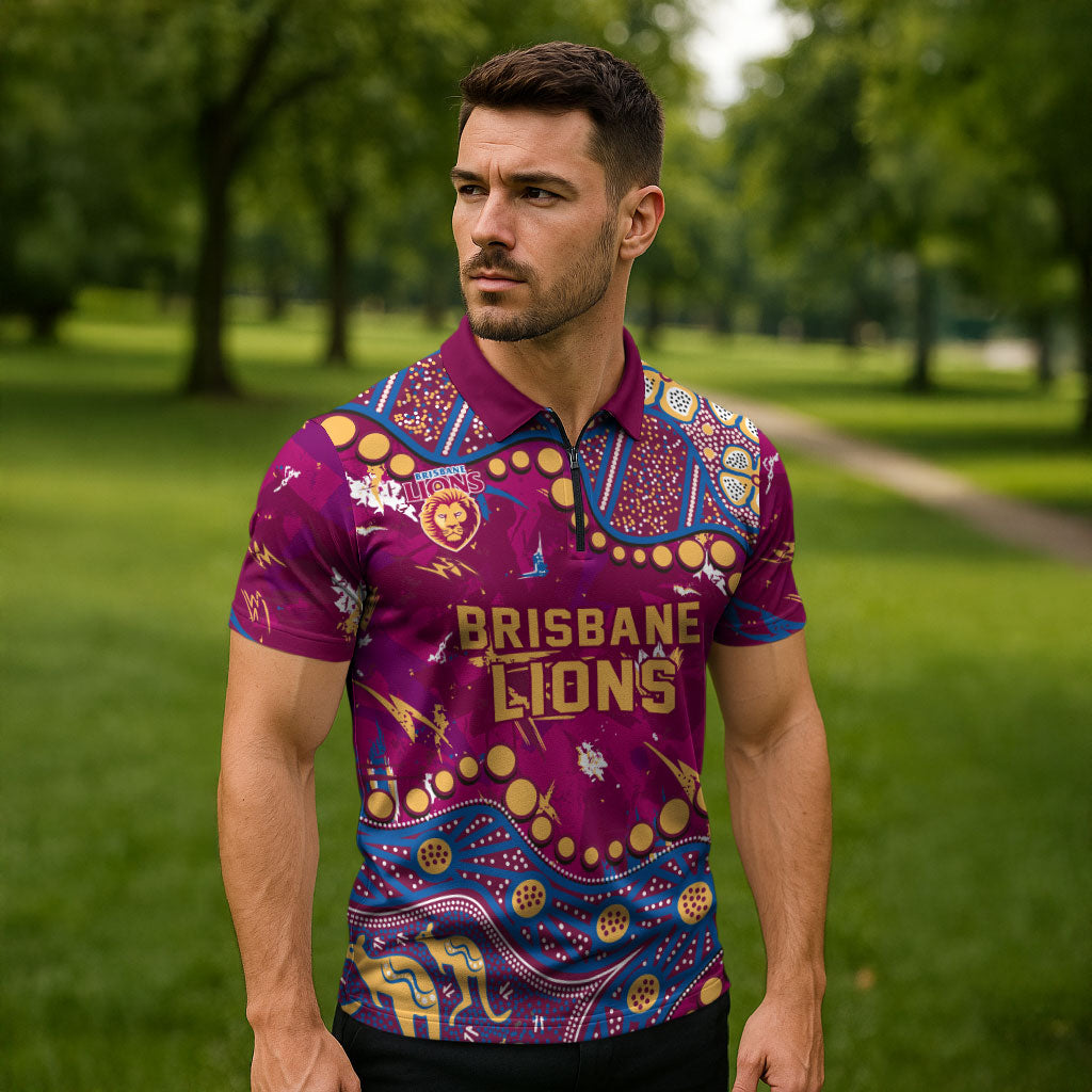Personalized Brisbane Lions Zipper Polo Shirt Aboriginal Pattern with Graffiti Style