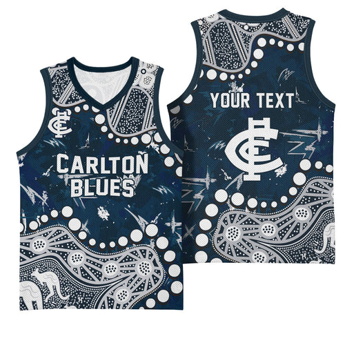 Personalized Carlton Blues Basketball Jersey Aboriginal Pattern with Graffiti Style