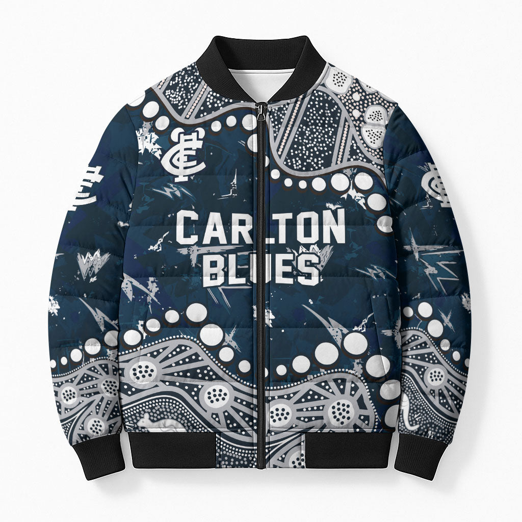 Personalized Carlton Blues Bomber Puffer Jacket Aboriginal Pattern with Graffiti Style