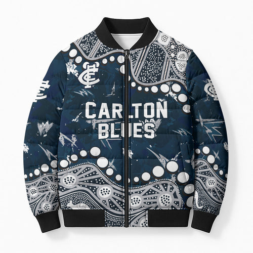 Personalized Carlton Blues Bomber Puffer Jacket Aboriginal Pattern with Graffiti Style