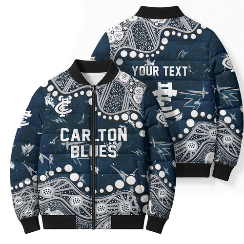 Personalized Carlton Blues Bomber Puffer Jacket Aboriginal Pattern with Graffiti Style