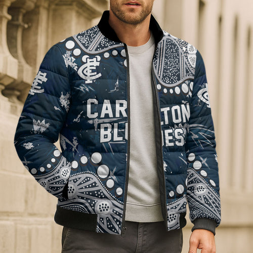 Personalized Carlton Blues Bomber Puffer Jacket Aboriginal Pattern with Graffiti Style