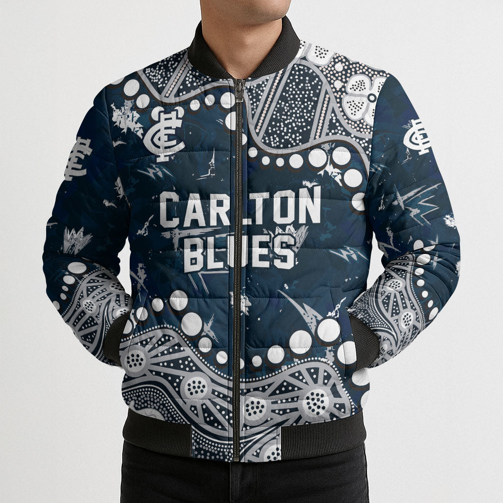 Personalized Carlton Blues Bomber Puffer Jacket Aboriginal Pattern with Graffiti Style