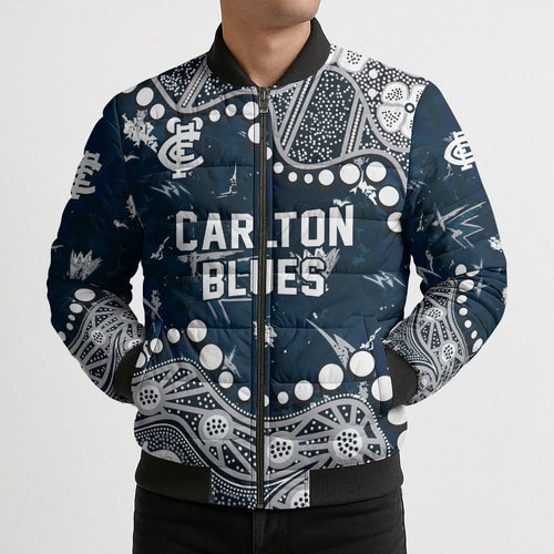 Personalized Carlton Blues Bomber Puffer Jacket Aboriginal Pattern with Graffiti Style