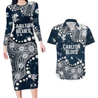 Personalized Carlton Blues Couples Matching Long Sleeve Bodycon Dress and Hawaiian Shirt Aboriginal Pattern with Graffiti Style