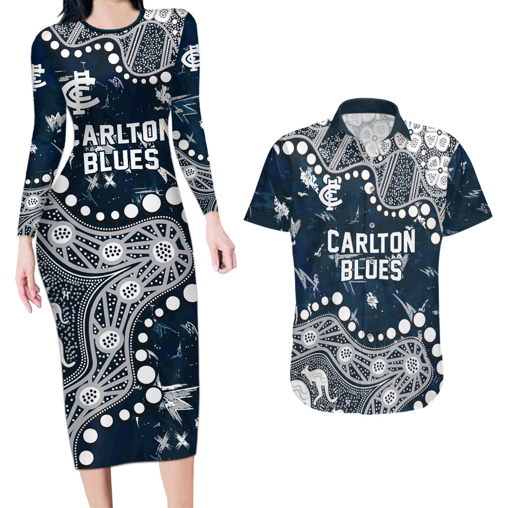 Personalized Carlton Blues Couples Matching Long Sleeve Bodycon Dress and Hawaiian Shirt Aboriginal Pattern with Graffiti Style