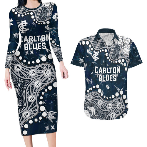 Personalized Carlton Blues Couples Matching Long Sleeve Bodycon Dress and Hawaiian Shirt Aboriginal Pattern with Graffiti Style