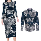 Personalized Carlton Blues Couples Matching Long Sleeve Bodycon Dress and Long Sleeve Button Shirt Aboriginal Pattern with Graffiti Style