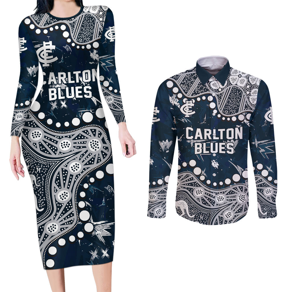 Personalized Carlton Blues Couples Matching Long Sleeve Bodycon Dress and Long Sleeve Button Shirt Aboriginal Pattern with Graffiti Style
