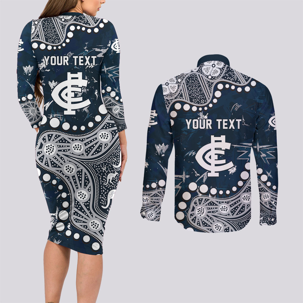 Personalized Carlton Blues Couples Matching Long Sleeve Bodycon Dress and Long Sleeve Button Shirt Aboriginal Pattern with Graffiti Style