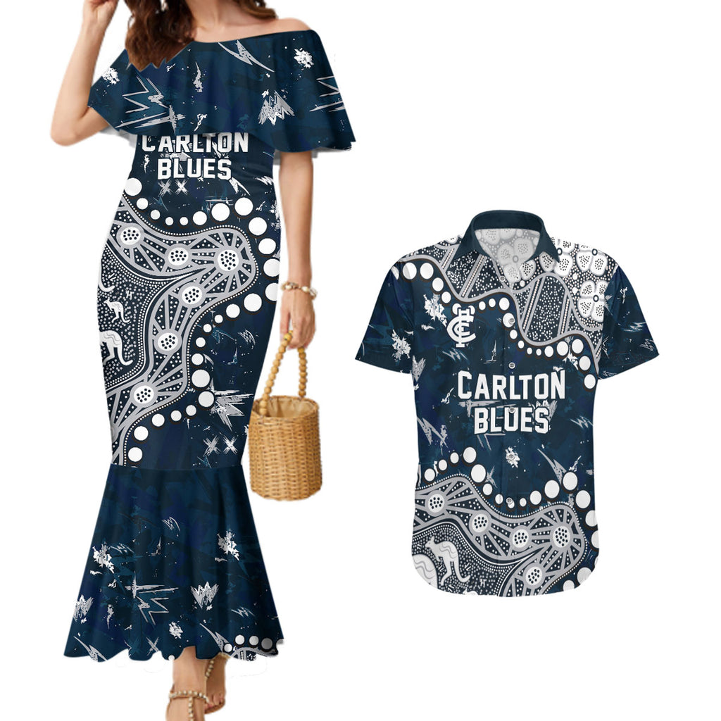Personalized Carlton Blues Couples Matching Mermaid Dress and Hawaiian Shirt Aboriginal Pattern with Graffiti Style